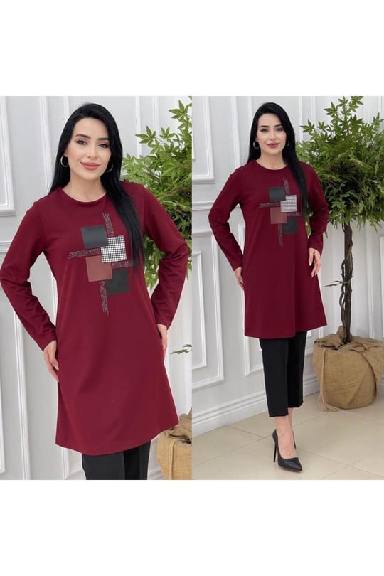 Küp Deri Detay Tunik 714-Bordo