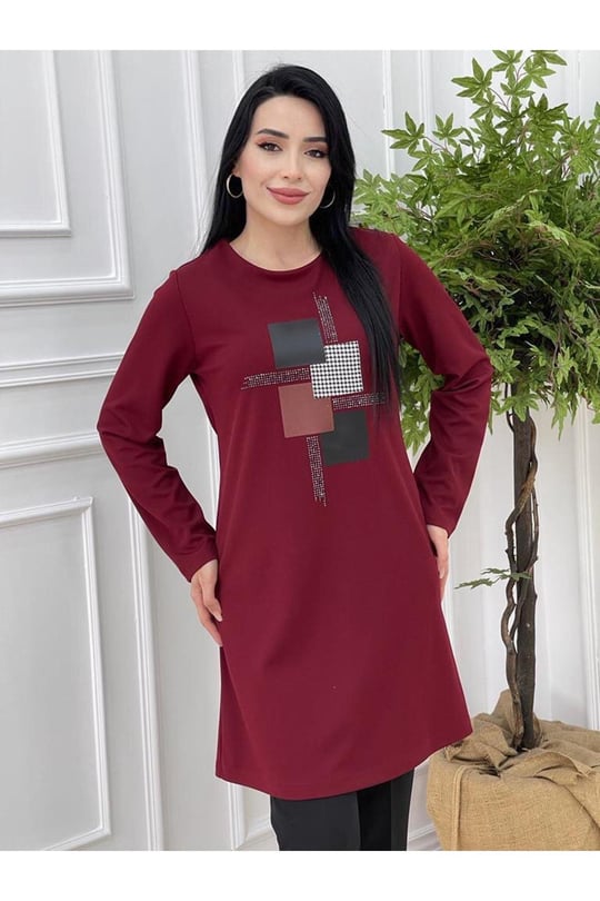 Küp Deri Detay Tunik 714-Bordo