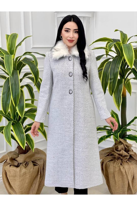 Kuş Gözü Çıt Çıt Kürklü Kaban 23k04-Beyaz