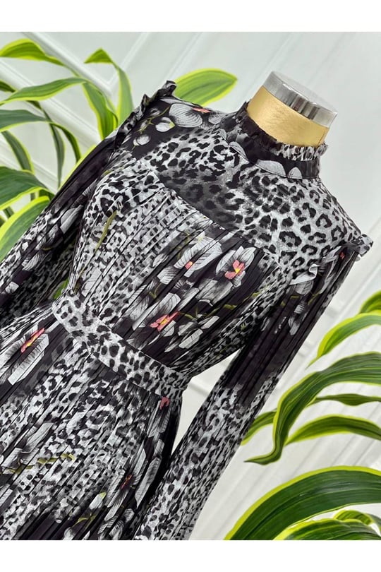 Leopar Çiçek Pilise Elbise 4034-Gri