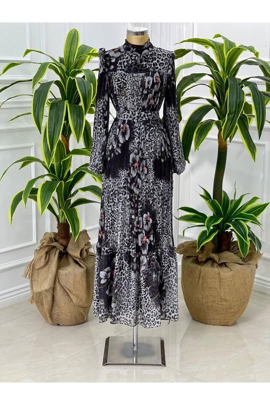 Leopar Çiçek Pilise Elbise 4034-Gri