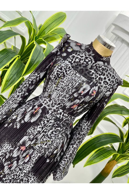 Leopar Çiçek Pilise Elbise 4034-Gri