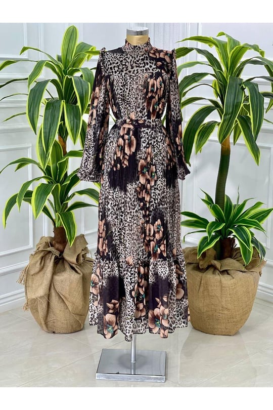 Leopar Çiçek Pilise Elbise 4034-Kahverengi