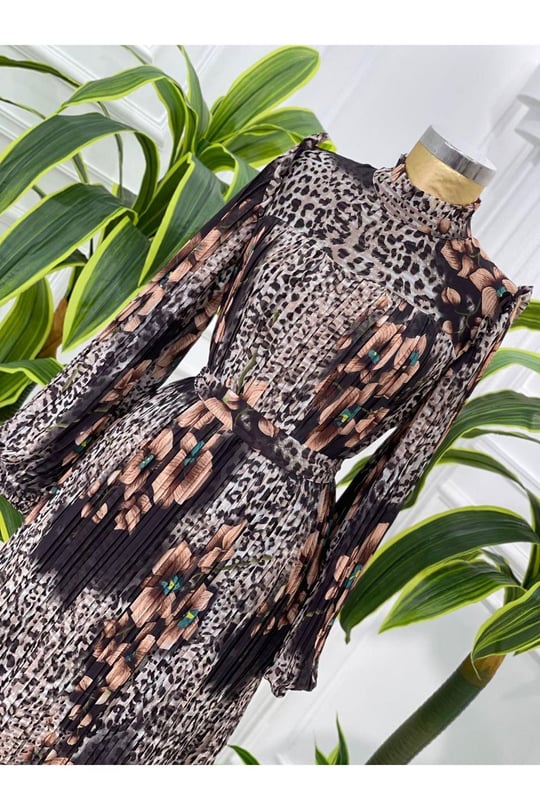 Leopar Çiçek Pilise Elbise 4034-Kahverengi