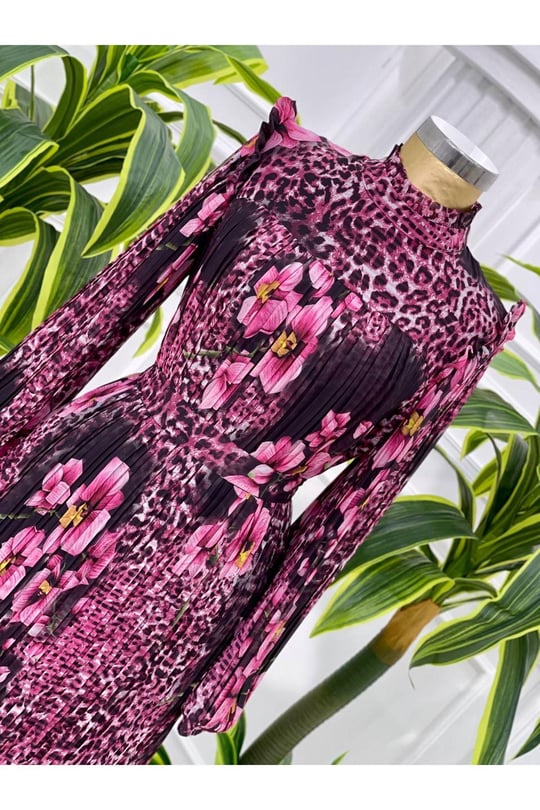 Leopar Çiçek Pilise Elbise 4034-pembe