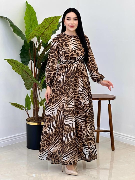 Leopar Desen Şifon Elbise 2025 T-25 Kahverengi