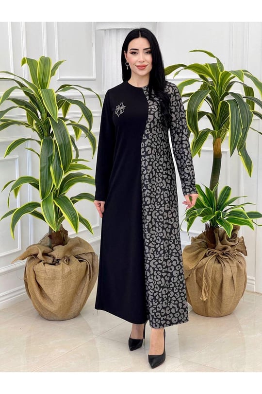 Leopar Geçişli Elbise 827-Gri Leopar