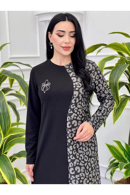 Leopar Geçişli Elbise 827-Gri Leopar