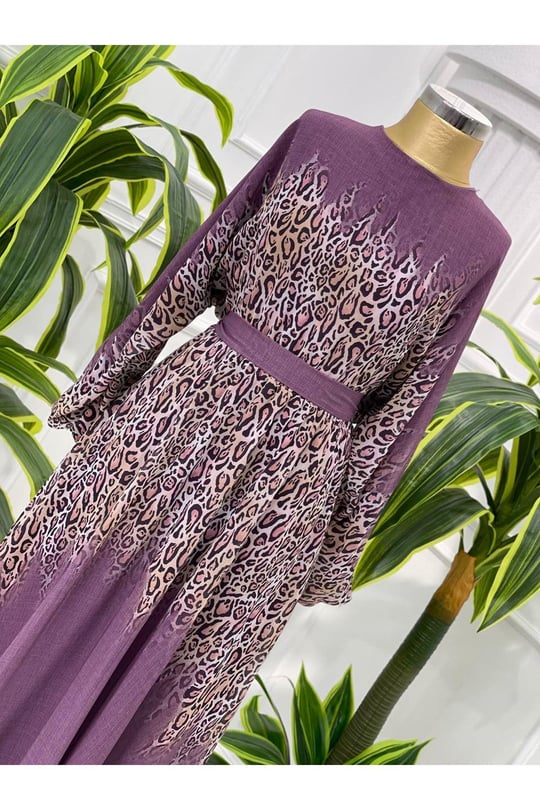 Leopar Geçişli Şifon Elbise 3982-Leylak