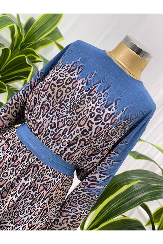 Leopar Geçişli Şifon Elbise 3982-Mavi
