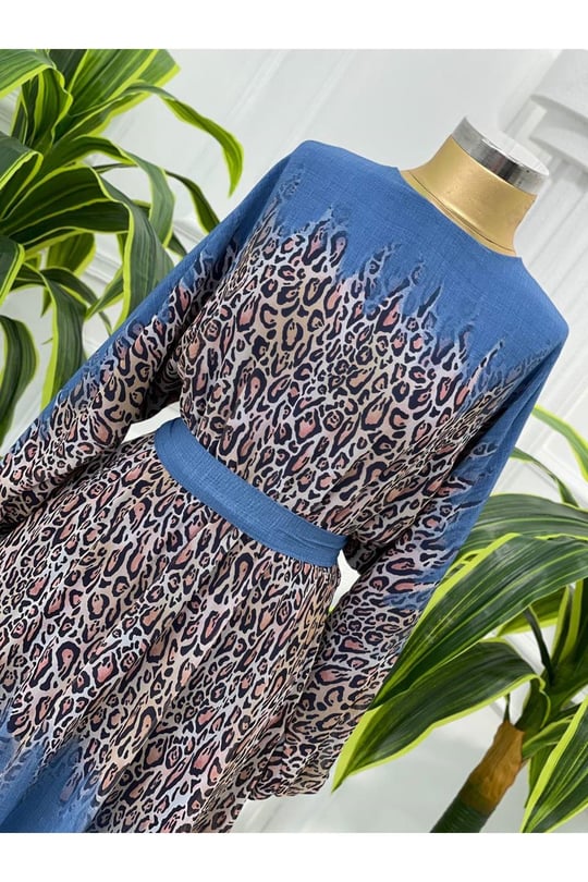 Leopar Geçişli Şifon Elbise 3982-Mavi
