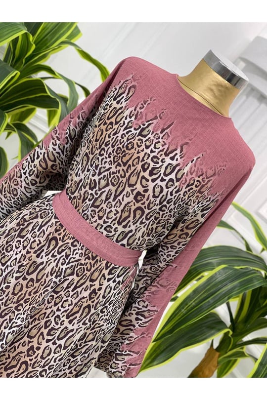 Leopar Geçişli Şifon Elbise 3982-Rose
