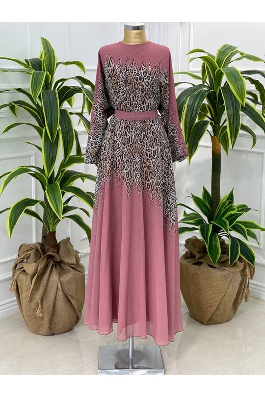 Leopar Geçişli Şifon Elbise 3982-Rose
