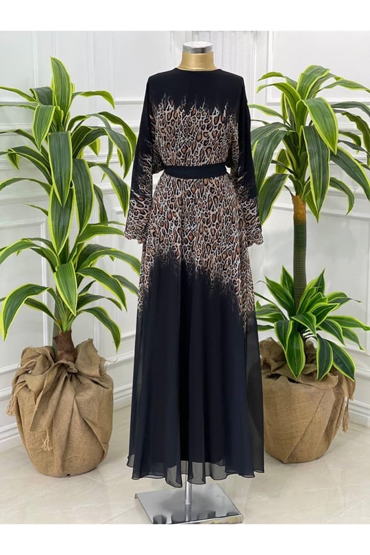 Leopar Geçişli Şifon Elbise 3982-Siyah