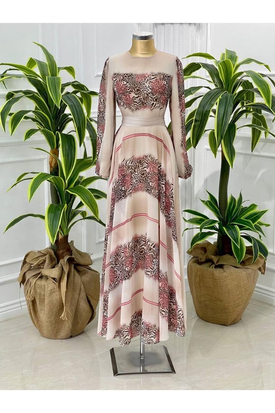 Leopar Şerit Şifon Elbise 4111-pembe