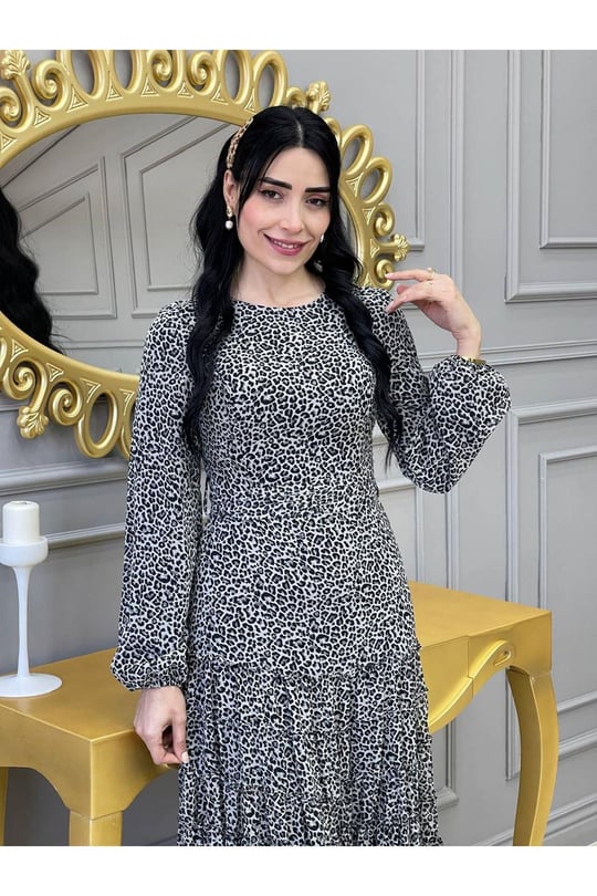 Leopar Şifon Elbise 2804-Gri