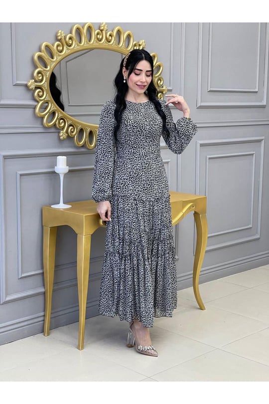 Leopar Şifon Elbise 2804-Gri