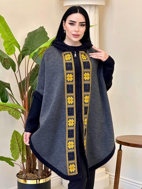 Logo Desen Kapişonlu Kısa Panço 1840 T-25 Hardal