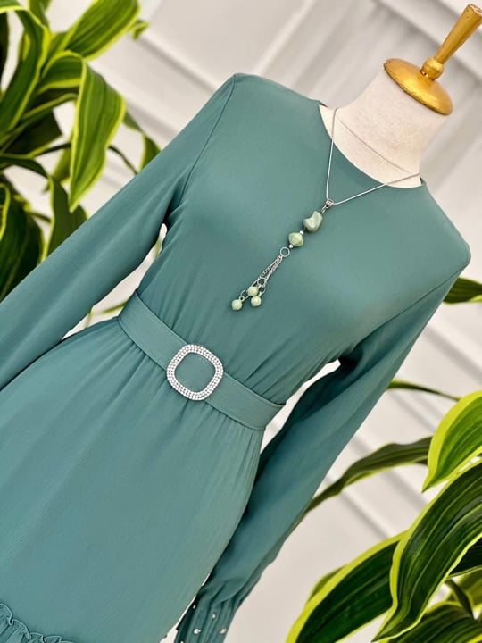 Manşet Taşlı Kat Kat Şifon Elbise 3394 T-24 Mint yeşili