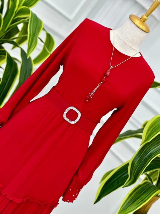 Manşet Taşlı Kat Kat Şifon Elbise 3394 T-24 Kırmızı