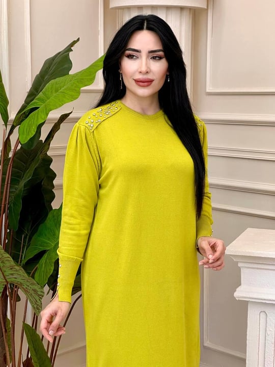 Merseriz Omuz Taşlı Elbise 140156 t-24 Yağ Yeşili