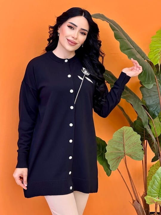 Merserize Göğüs Çiçek Motifli Hırka 140342 T-25 Siyah