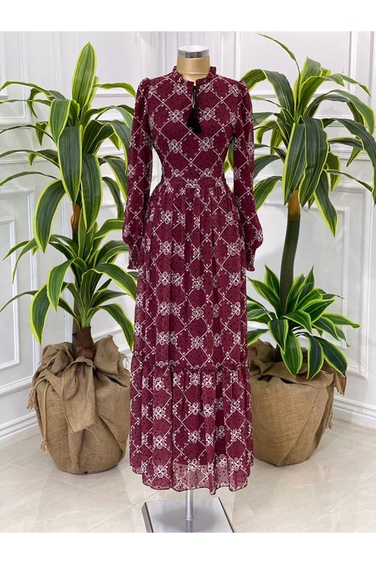 Minik Puantiye Elbise 3788-Bordo