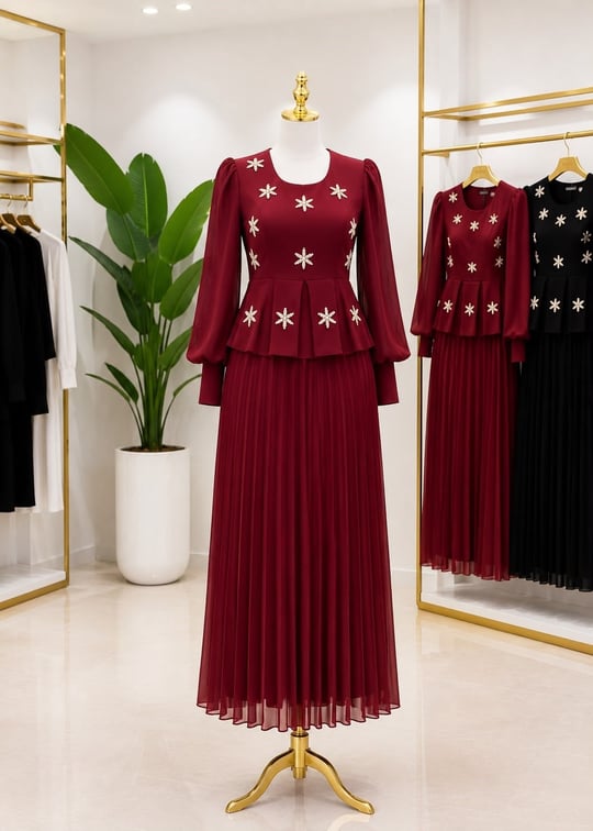 Nakış Çiçek Şifon Elbise 7145 T-26 Bordo