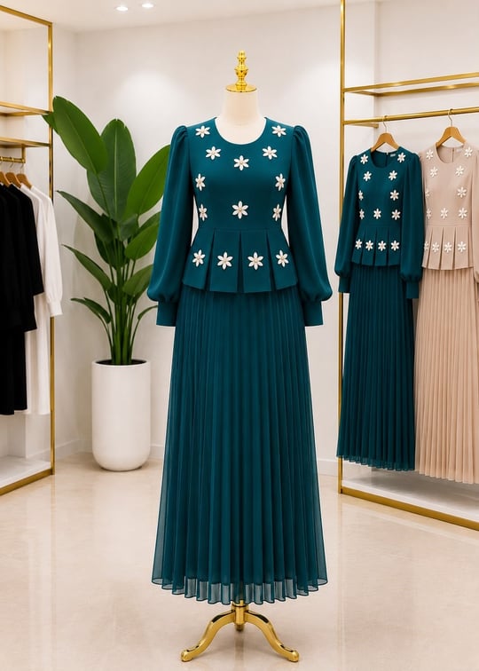 Nakış Çiçek Şifon Elbise 7145 T-26 Yeşil