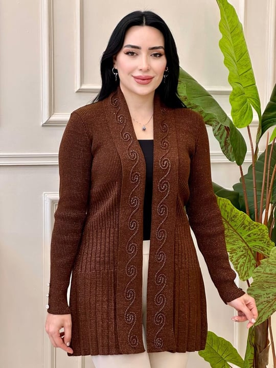 Nakış Detay Simli Triko Hırka 5300 t-24 Kahverengi