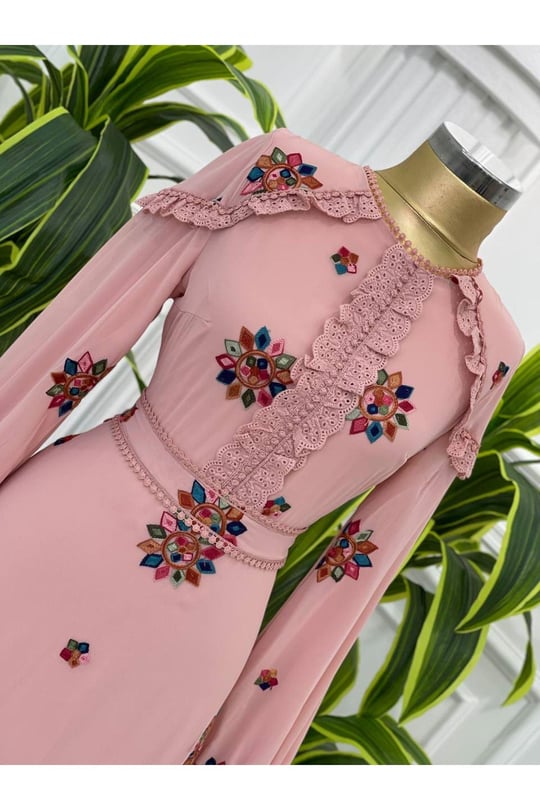 Nakışlı Omuz Dantel Elbise 3576-pembe