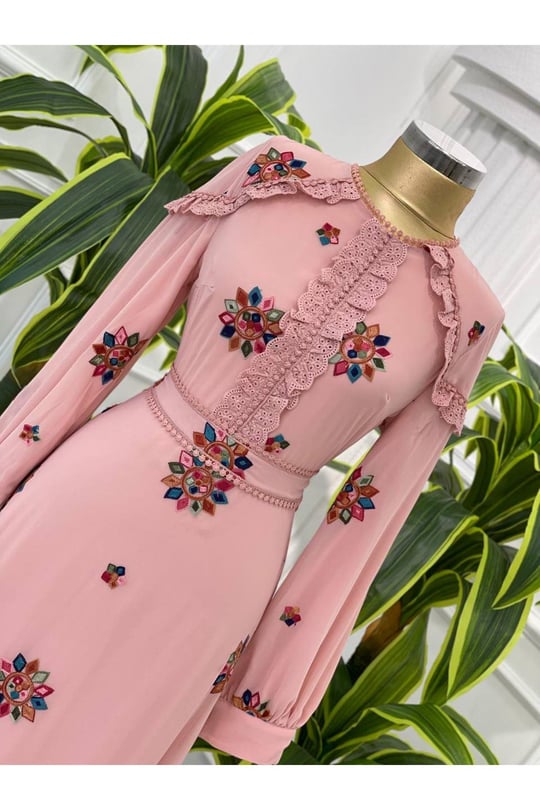 Nakışlı Omuz Dantel Elbise 3576-pembe