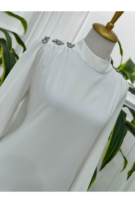 Omuz Çiçek Taş Tunik 23065-Beyaz