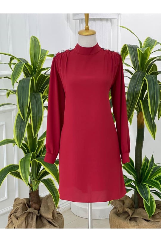 Omuz Çiçek Taş Tunik 23065-Kırmızı