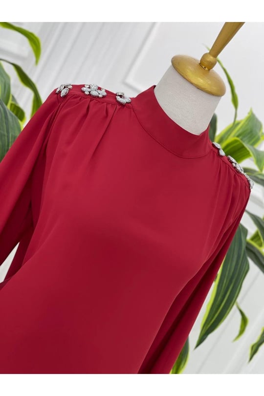Omuz Çiçek Taş Tunik 23065-Kırmızı
