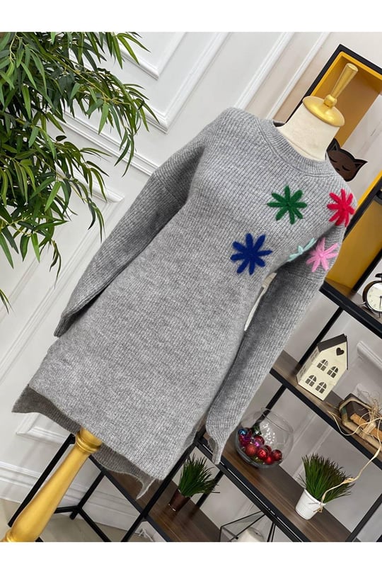Omuz Çiçekli Tunik 7406-Gri