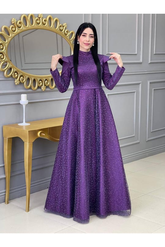 Omuz Detay Abiye 17636-Leylak