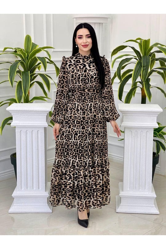 Omuz Fır Fır Piliseli Elbise 3958-Leopar