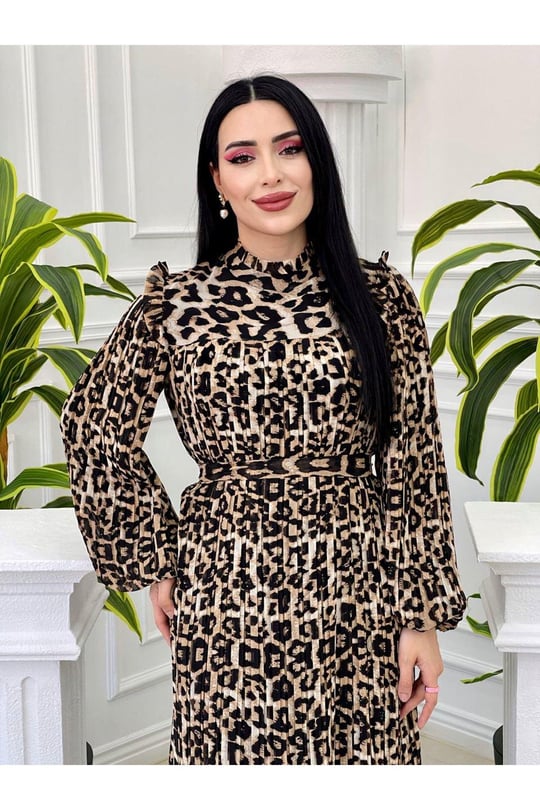 Omuz Fır Fır Piliseli Elbise 3958-Leopar