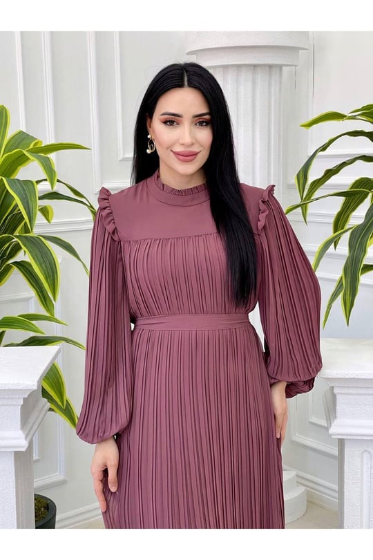 Omuz Fır Fır Piliseli Elbise 3958-Rose