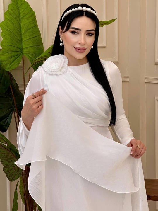 Omuz Gül İpek Şifon Elbise 4672 e-25 Beyaz