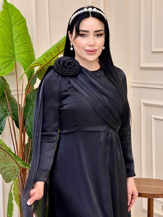Omuz Gül İpek Şifon Elbise 4672 e-25 Siyah