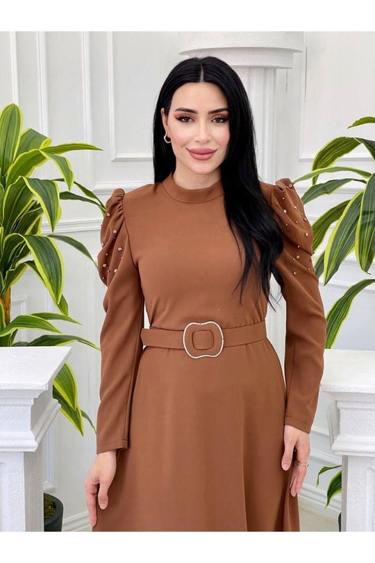 Omuz İncili Krep Elbise 1261-Kahverengi