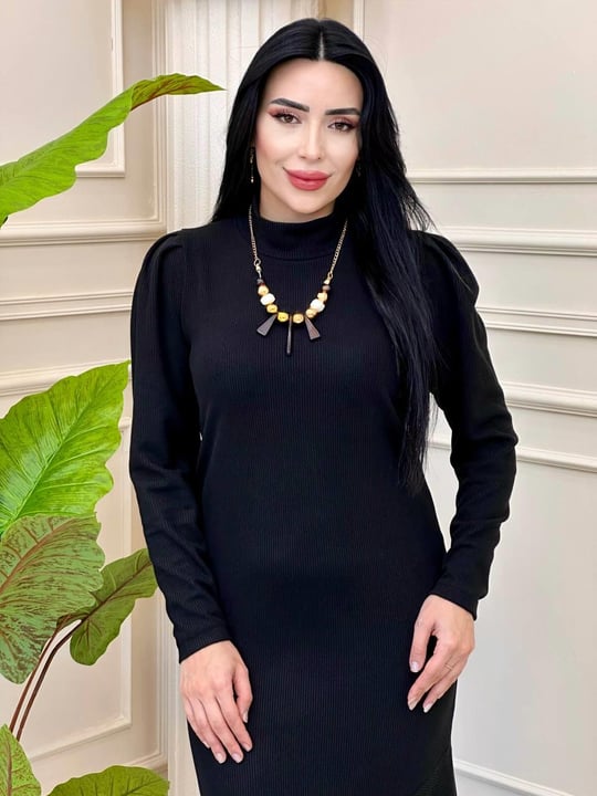 Omuz Pile Örme Elbise 1377 t24 Siyah