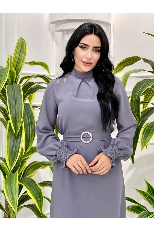 Omuz Saçak Krep Elbise 626-Gri