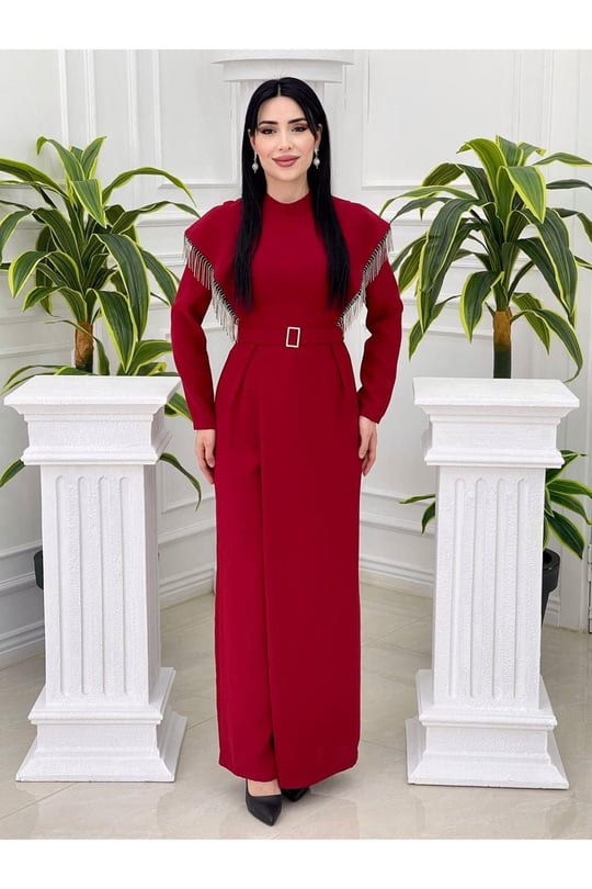 Omuz Saçak Taş Tulum 3740-Kırmızı