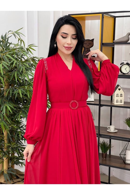 Omuz Sıra Boncuk Şifon Elbise 12328-Kırmızı