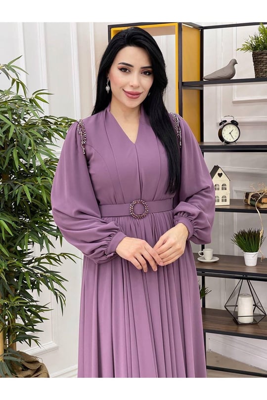 Omuz Sıra Boncuk Şifon Elbise 12328-Leylak