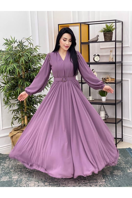 Omuz Sıra Boncuk Şifon Elbise 12328-Leylak