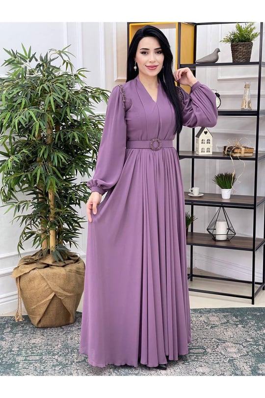 Omuz Sıra Boncuk Şifon Elbise 12328-Leylak
